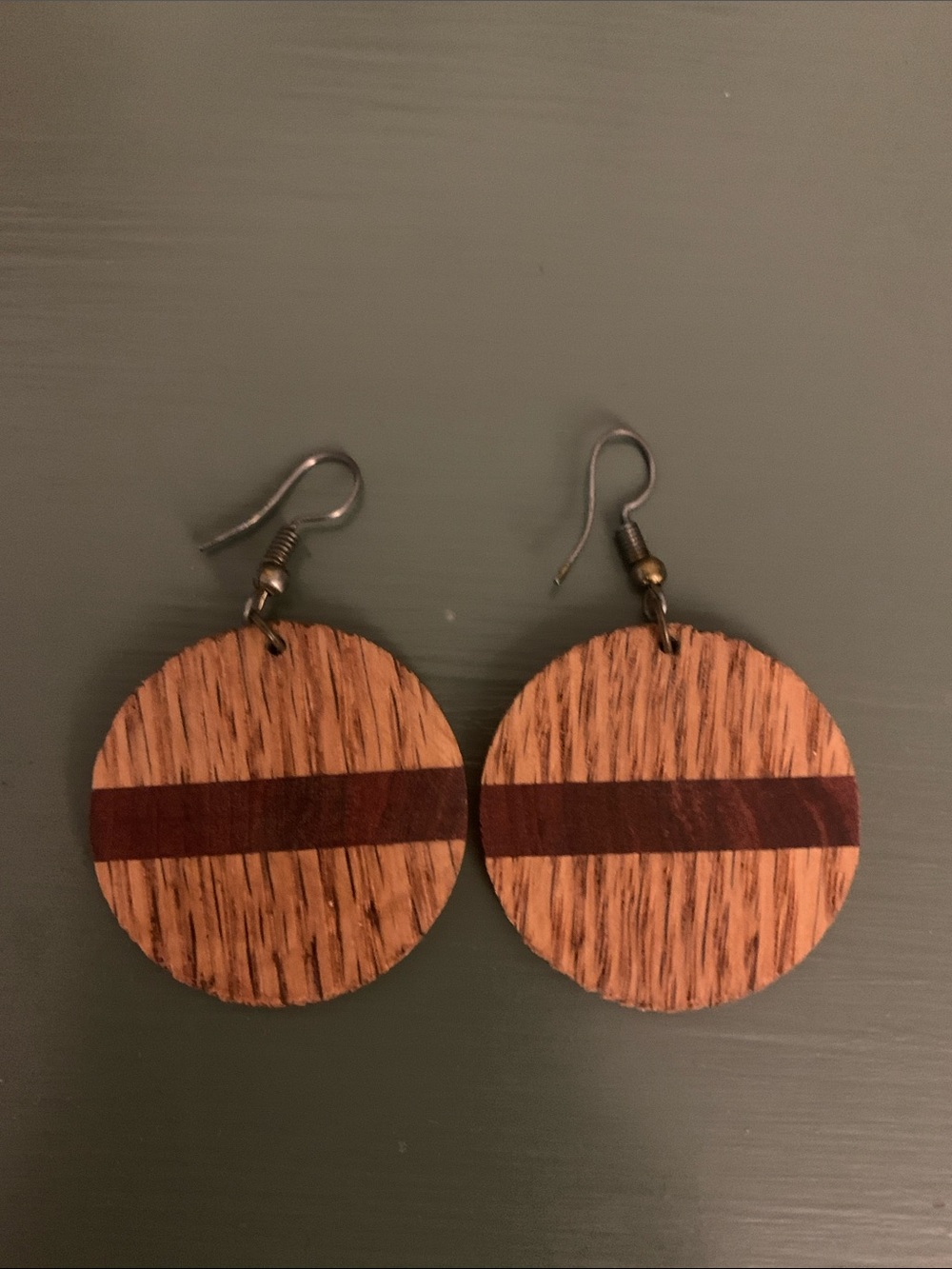 Handmade Wooden Round Drop Earrings with Dark Red/Brown Stripe